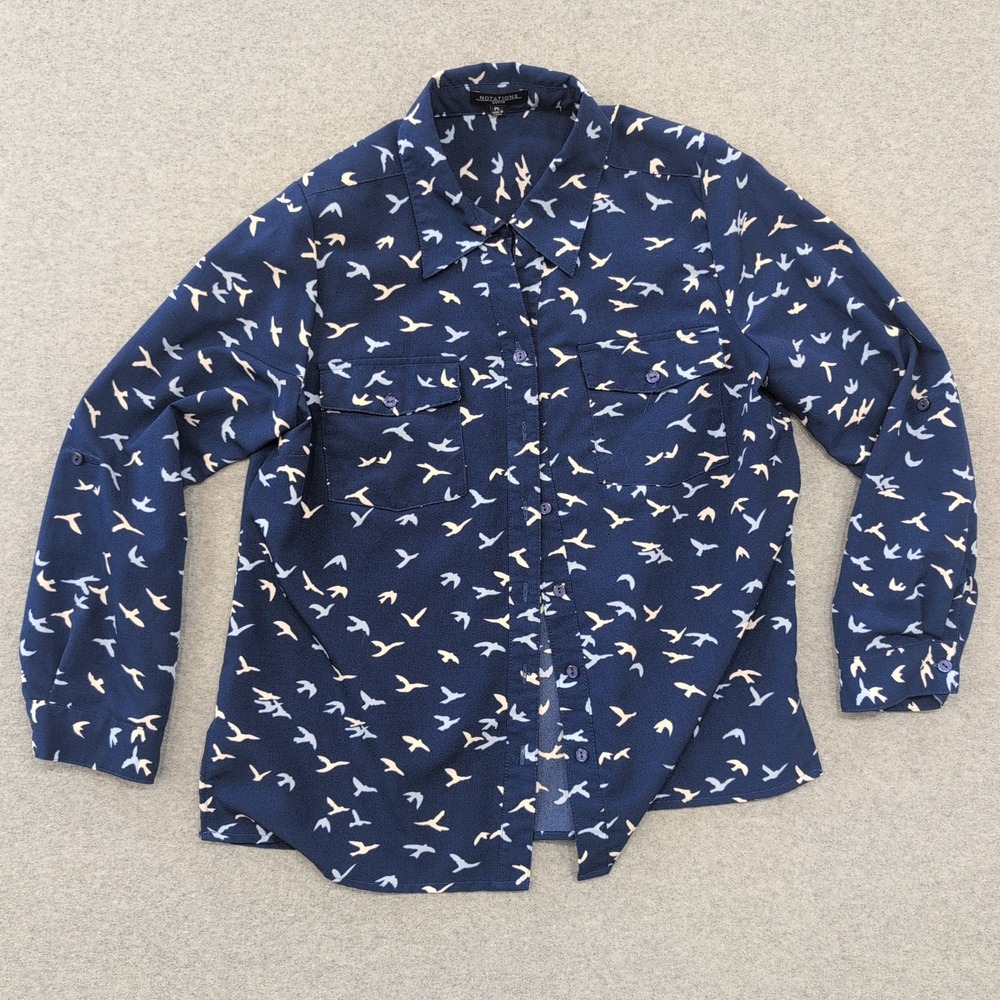 Notations Petite Navy Bird Print Collared Button Up Shirt Size Petite Large - Picture 1 of 4